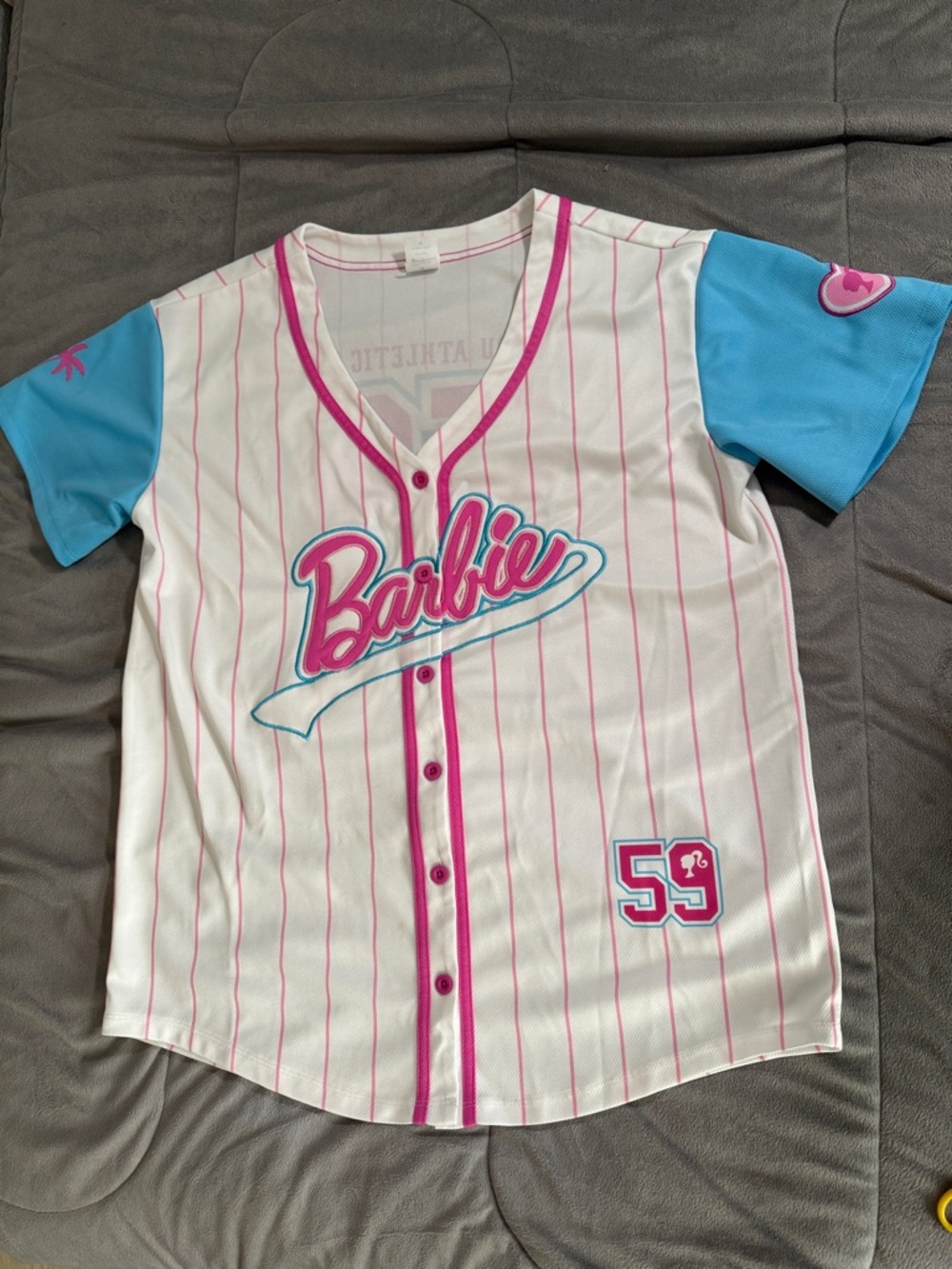 Spirit Barbie dream team White Baseball Jersey Pink Pinstripes & Blue Sleeves M